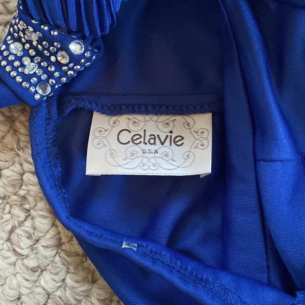 Pretty, blue, one shoulder dress by Celavie. - Picture 3 of 5